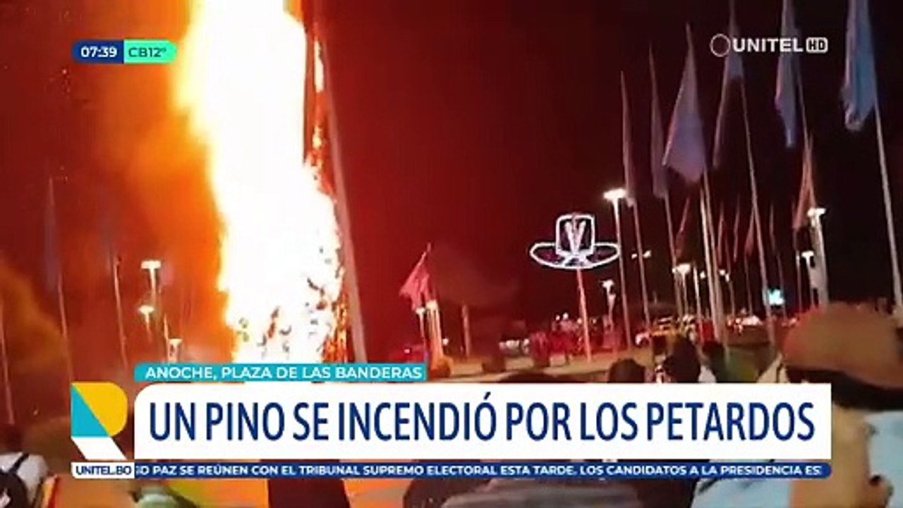 Un pino arde en plena Plaza de las Banderas en medio del festejo por la victoria de Bolivia
