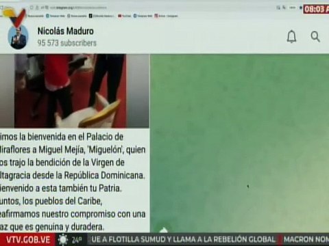 Pdte. Nicolás Maduro recibió a Miguel Mejía y la bendición de la Virgen de Altagracia