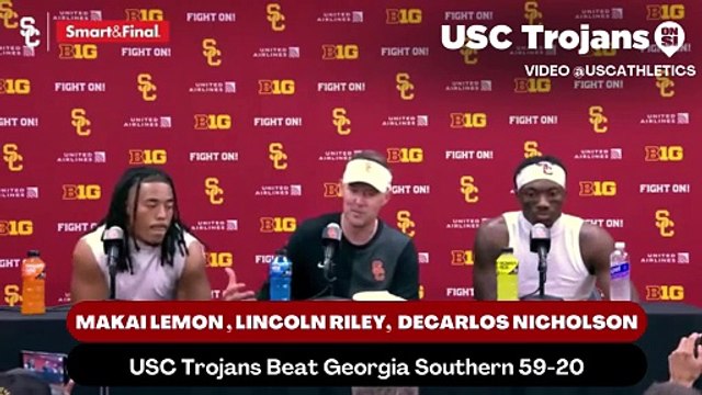 USC Trojans head coach Lincoln Riley, wide receiver Makai Lemon, and Cornerback DeCarlos Nicholson discusses what the Trojans need to execute better