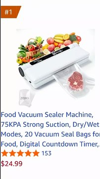 Food Vacuum Sealer Machine, 75KPA Strong Suction, Dry/Wet Modes, 20 Vacuum Seal Bags for Food, Digital Countdown Timer