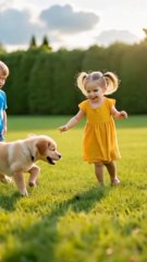 children playing with puppy