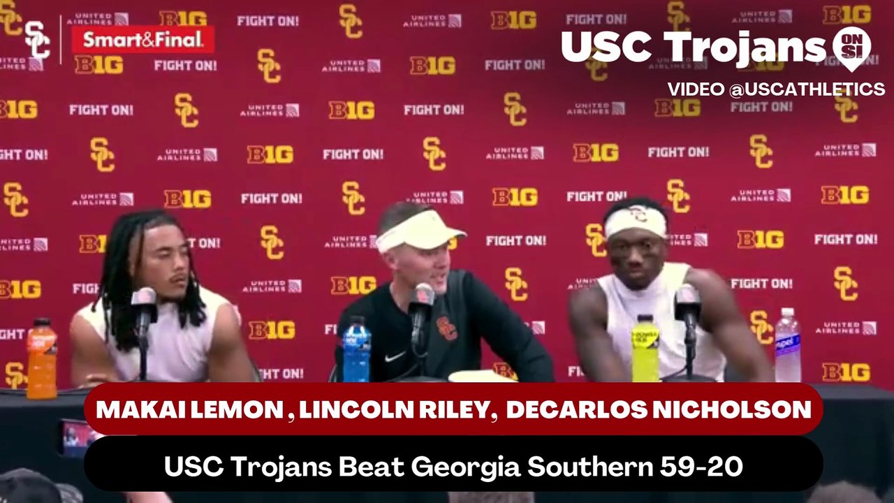 USC Trojans Coach Lincoln Riley, Wide Receiver Makai Lemon, and Cornerback DeCarlos Nicholson discusses players who impacted the game