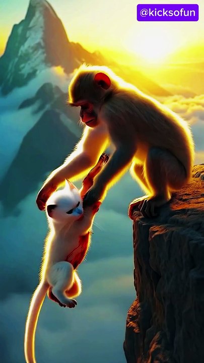 Cat helping injured monkey 🐒🐵🐒🐵 while injured and down