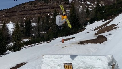 Boy risks a jump while skiing and pulls off a nearly impossible save