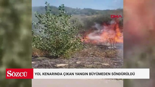 Yol kenarında, ağaçlık alanda çıkan yangın büyümeden söndürüldü