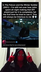 In THE FALCON AND THE WINTER SOLDIER (2021) – John spent all night making that DIY shield