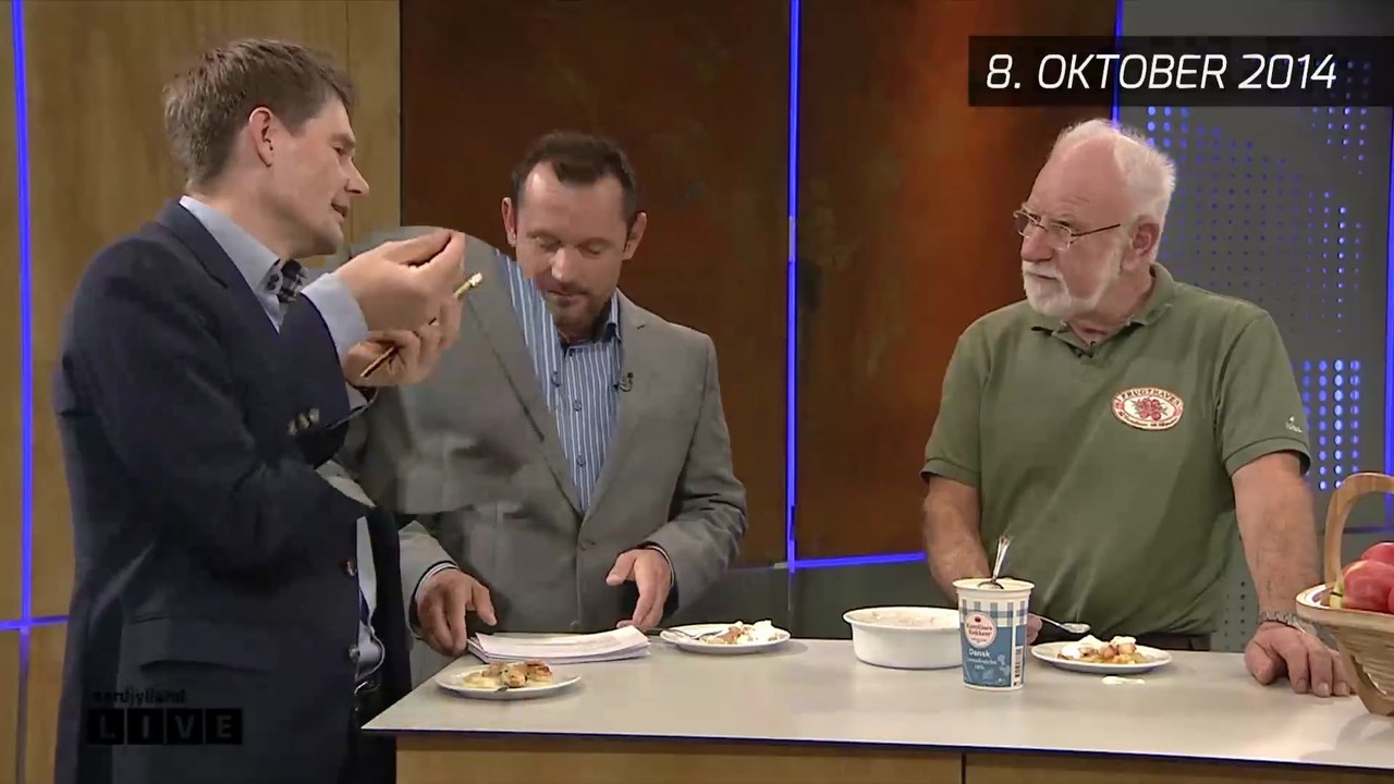 Derfor har Bo altid en blyant i hånden på TV - Bo Storm Madsen, Morten Pedholt og blyanten får serveret æblekage i Nordjylland Live d. 8. oktober 2014. | TV2 NORD