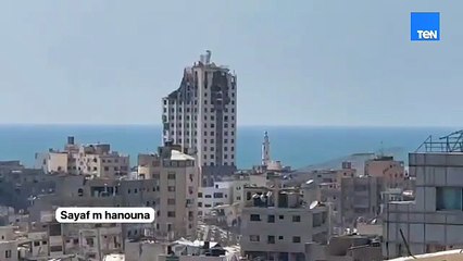 لحظة قصف برج الغفري. أطول برج في قطاع غزه راح ولم يبقى منه سوى بشاعة المشهد