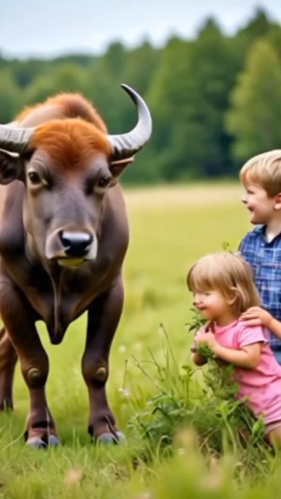 children playing with buffalo
