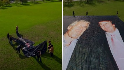 Huge Trump and Epstein photograph unveiled outside Windsor Castle ahead of US president’s state visit