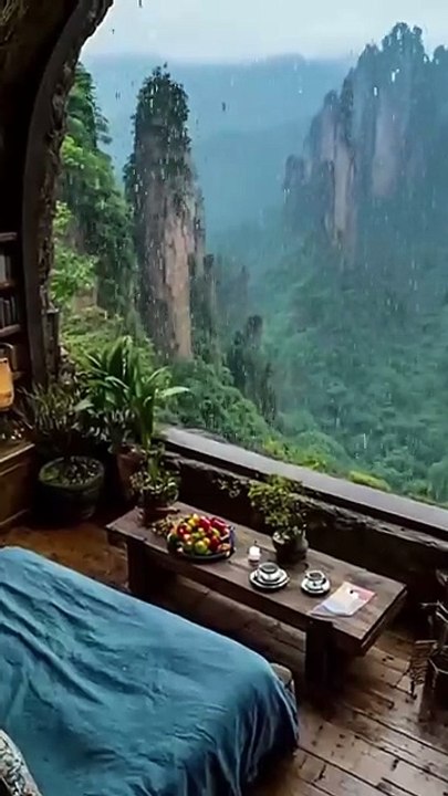 Nature Rustic Cave Resort Bedroom with Misty Mountain Valley Views.