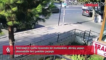 Feci kaza... Motosiklet kasasıyla birlikte otomobilin üzerinden uçtu!