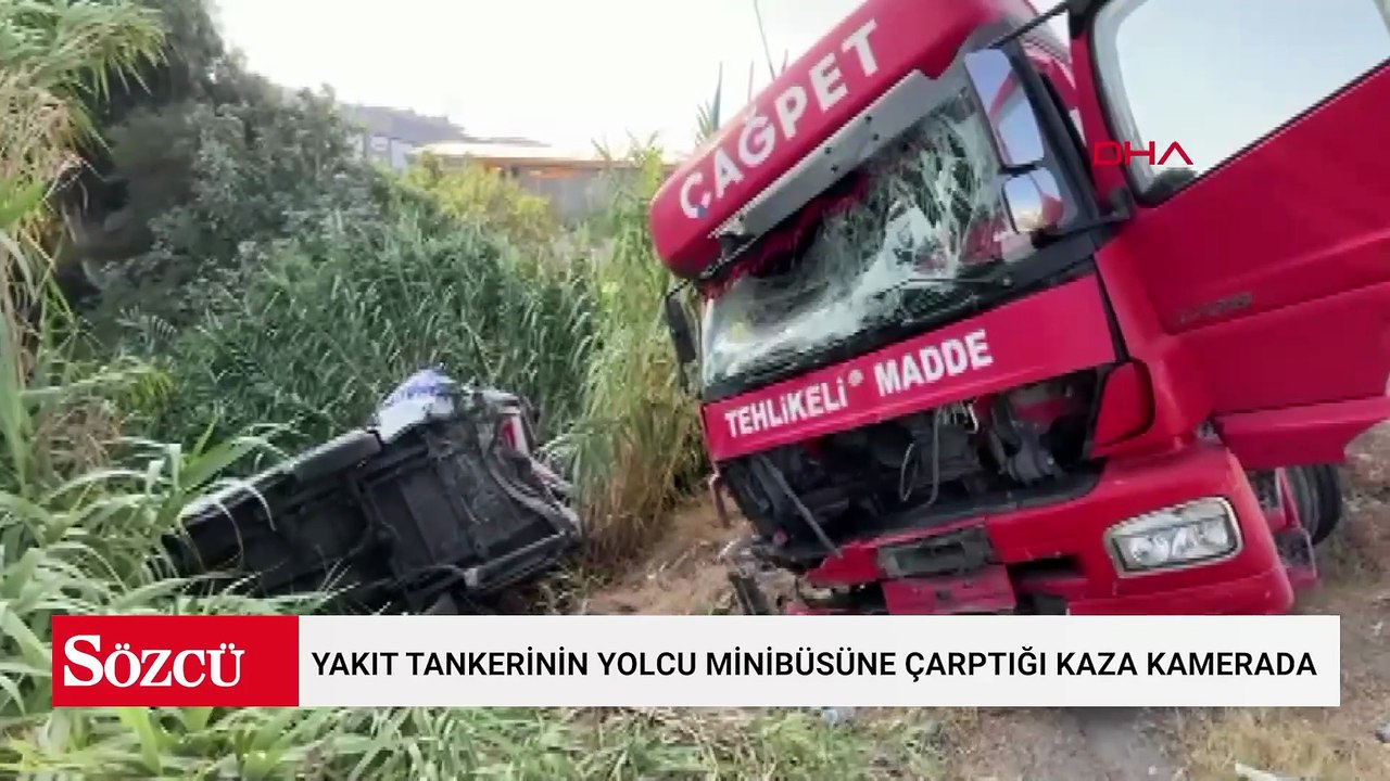 Yakıt tankerinin yolcu minibüsüne çarptığı kaza kamerada