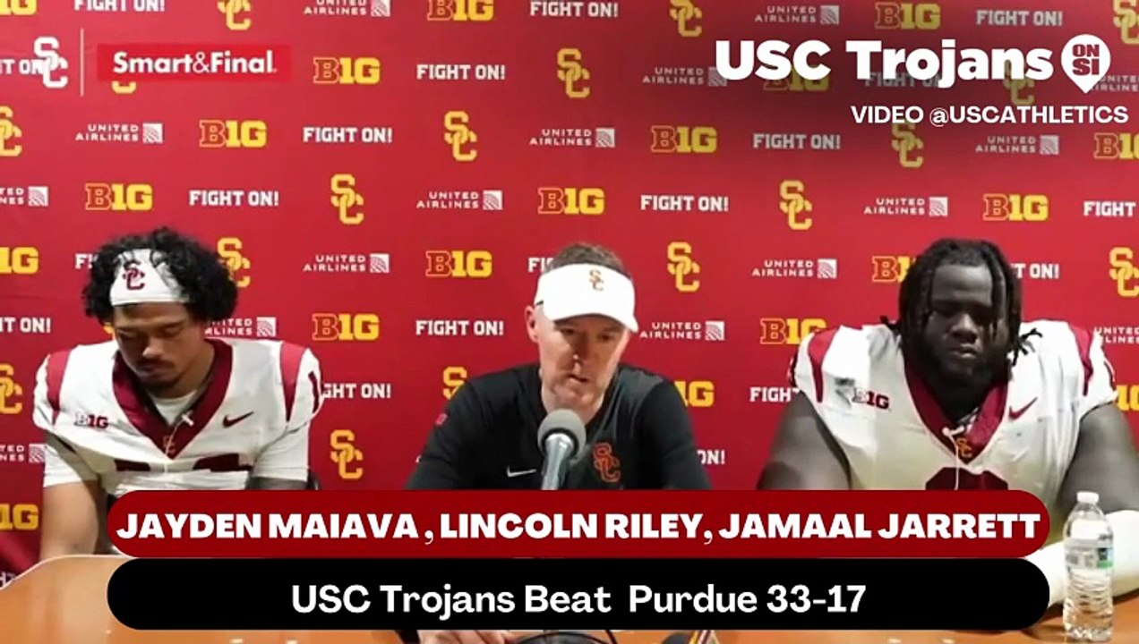 USC Trojans Coach Lincoln Riley, Quarterback Jayden Maiava, and Defensive Tackle Jamaal Jarrett discusses the poise the Trojans had during the win