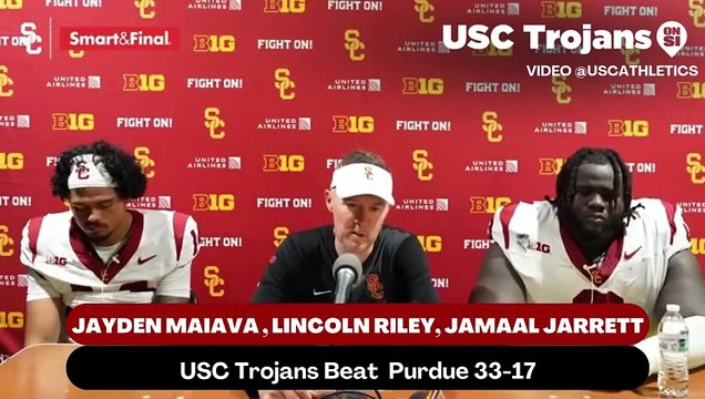 USC Trojans Coach Lincoln Riley, Quarterback Jayden Maiava, and Defensive Tackle Jamaal Jarrett discusses the poise the Trojans had during the win