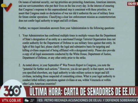 Senadores de EE. UU. solicitan al presidente esclarecer los ataques realizados en el Mar Caribe