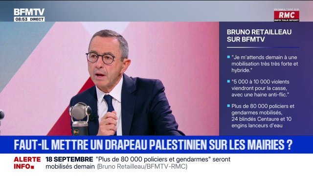 Drapeau palestinien sur les mairies: Quand Olivier Faure demande à ce que le 22 septembre, les mairies se pavoisent du drapeau palestinien, je dis stop! Arrêtez Olivier Faure! , s'insurge Bruno Retailleau