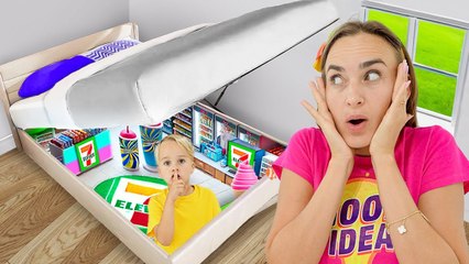 Chris builds a secret room at 7-11 - Funny stories for kids!