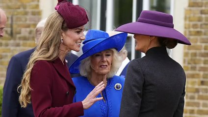 Kate Middleton in bordeaux, Melania misteriosa, Camilla omaggia Elisabetta: i look per l'incontro a Windsor