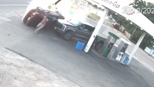 Man has miracle escape after car crashes into gas station