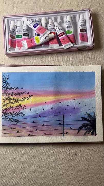 Easy Sunset Watercolor Painting | Relaxing Sky & Birds Art Tutorial