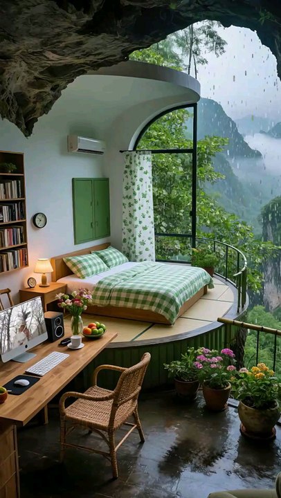 Resort Room, Scenic Bedroom with Misty Views.