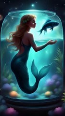 Mermaid looking for food in a late-night aquarium