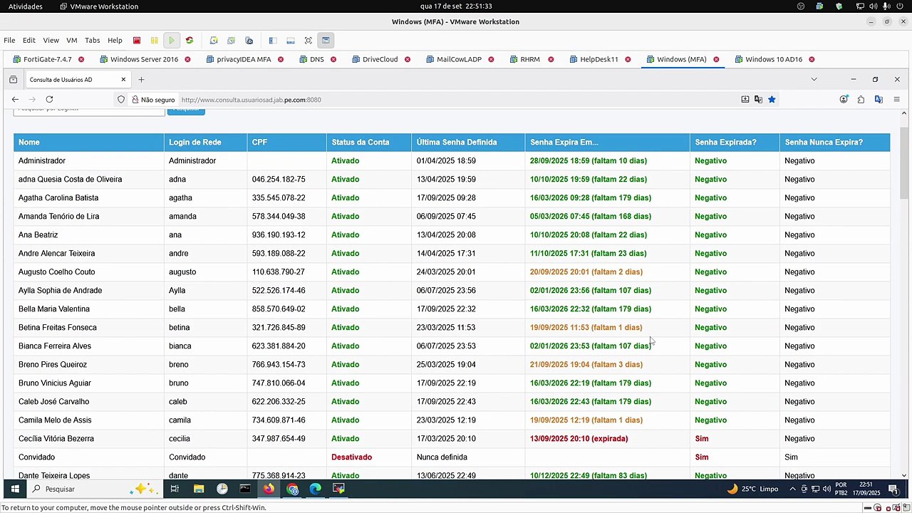 Sistema em HTML e CSS para exibir o status dos usuários do Active Directory (AD) Atualização.