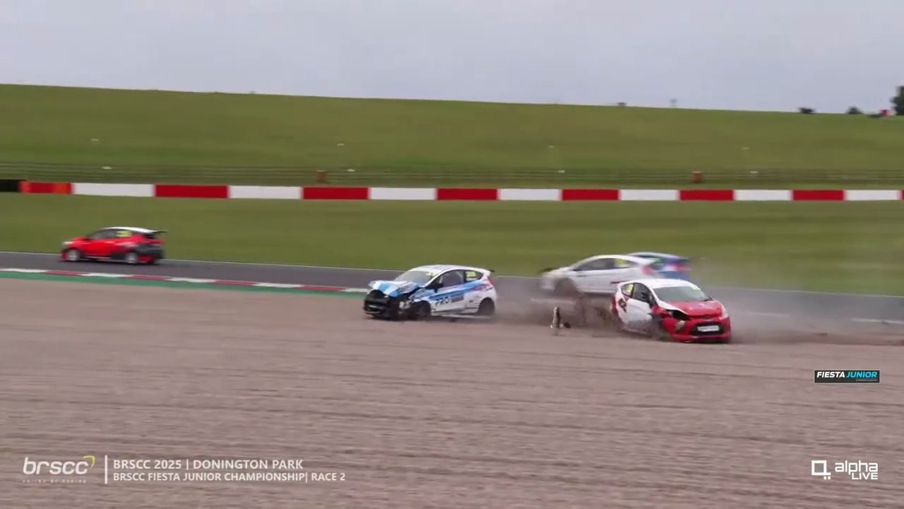 BRSCC Fiesta Junior Championship 2025 Donington Race 2 Start Lindley Heron Big Crash