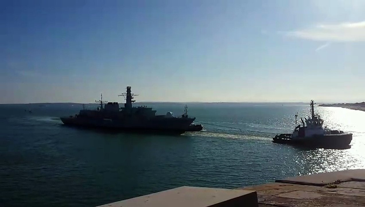 Retired Royal Navy frigate HMS Argyll being towed to Portsmouth amid uncertain future