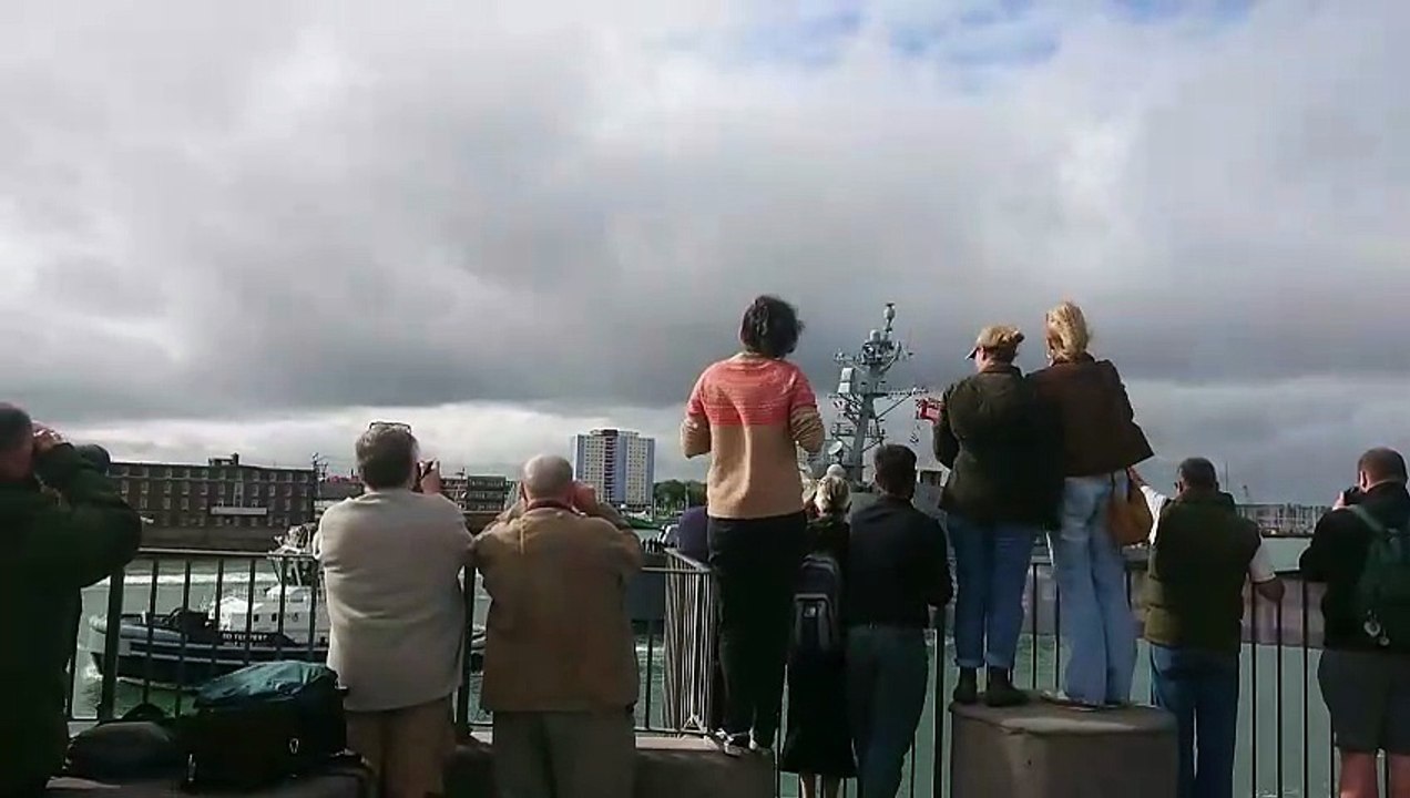 American warship USS Winston S Churchill sailing from Portsmouth following brief stop