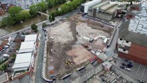 Fresh aerial footage over the Smithfield Riverside development, Shrewsbury