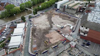 Fresh aerial footage over the Smithfield Riverside development, Shrewsbury