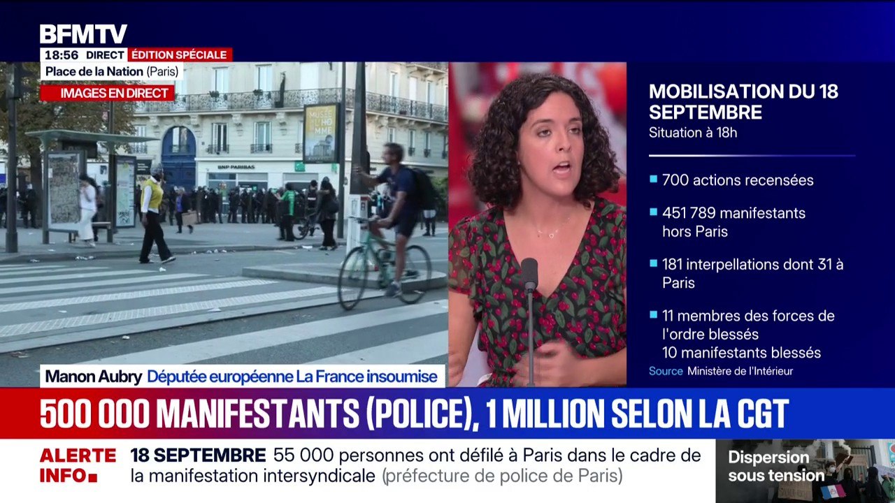 18 septembre: "Les gens en ont ras-le-bol [...] d'un président de la République qui nomme à Matignon un clone, qui va continuer sa propre politique", lance Manon Aubry, députée européenne La France Insoumise