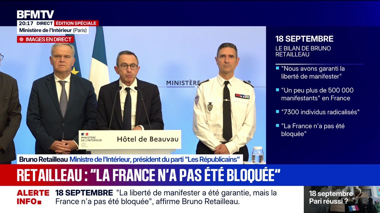 18 septembre: le ministre de l'Intérieur Bruno Retailleau, annonce que 309 personnes ont été interpellées à travers le pays, dont 134 placées en garde à vue.