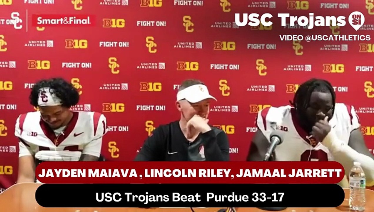 USC Trojans Coach Lincoln Riley, quarterback Jayden Maiava, and Defensive Tackle Jamaal Jarrett discusses the pass rush against Purdue