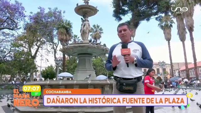 Dañaron la histórica fuente “Las Tres Gracias” en la Plaza 14 de Septiembre de Cochabamba. Foto: Red Uno