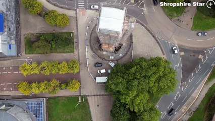Aerial footage of Lord Hill's Column, Shrewsbury, which is currently covered in scaffolding