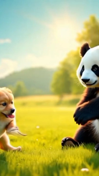 puppy playing with panda