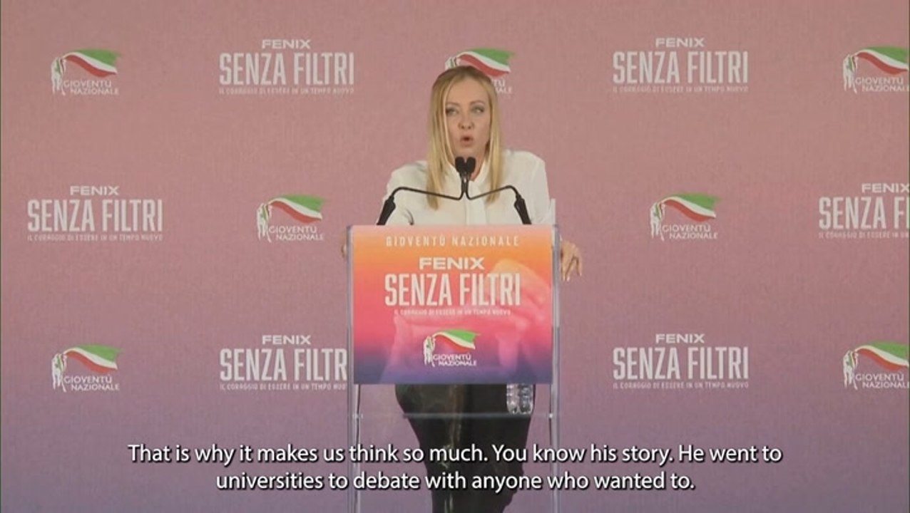 Italian prime minister Giorgia Meloni pays tribute to ‘dangerous and frightening’ Charlie Kirk at political rally