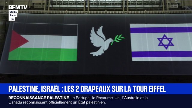 La Tour Eiffel arbore les drapeaux palestinien et israélien avant la reconnaissance de l'État de Palestine par la France