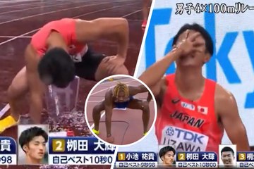 Los corredores japoneses del 4x100 hacen las poses del Gear de Luffy