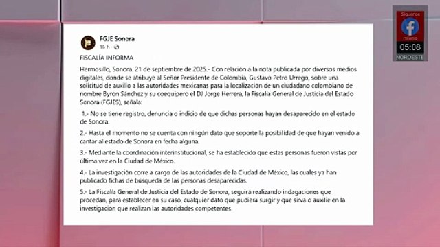 Fiscalía de Sonora descarta investigación por desaparición de cantantes colombianos
