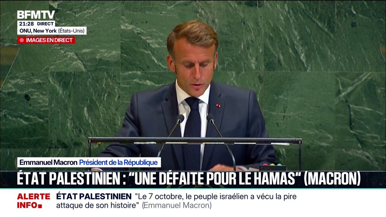 "Je pourrais décider d'établir une ambassade auprès de l'État de Palestine dès lors que tous les otages détenus à Gaza auront été libérés", indique Emmanuel Macron