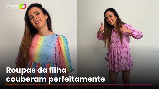 Tata Werneck se diverte usando vestidos da filha de 5 anos: 'Quem vai pegar as roupas de quem?'