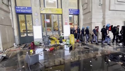 Pro-Palestine protesters smash Milan train station entrance and hurl rocks at police in Gaza fury