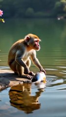 monkey eating fish in river