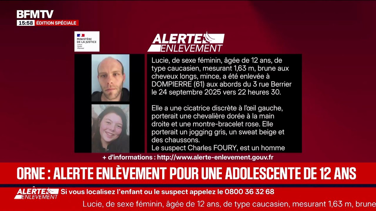 L'alerte enlèvement déclenchée après la disparition d'une jeune fille de 12 ans à Dompierre dans l'Orne - Un suspect de 34 ans recherché