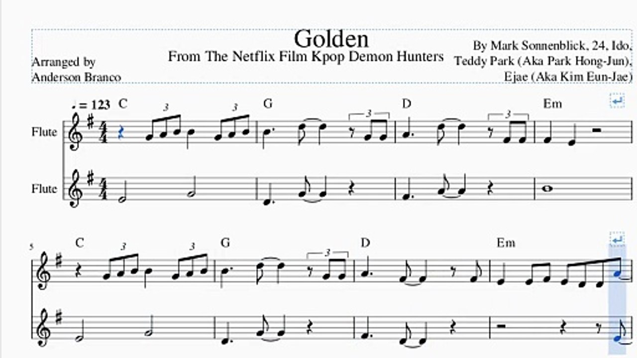 Golden Demon Hunters – Easy Sheet Music for 2 Flutes