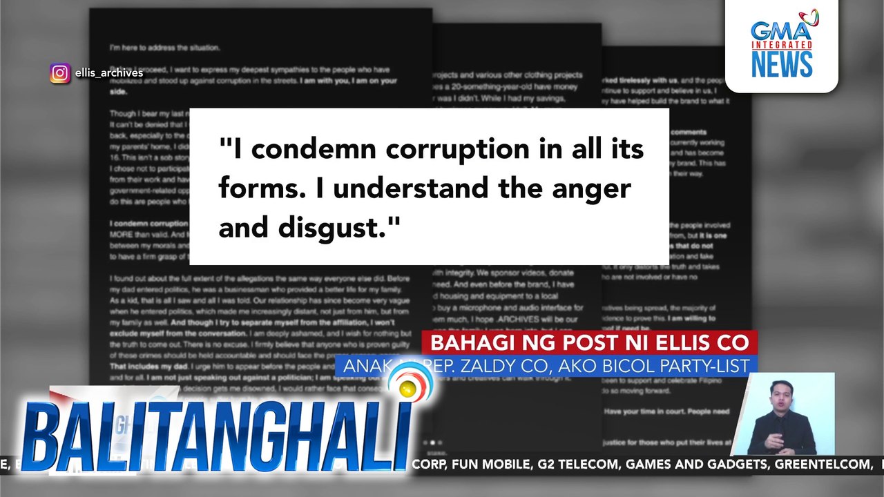 Nanawagan si Ellis Co sa amang si Ako Bicol Party-list representative Zaldy Co na harapin ang mga alegasyon kaugnay sa maanomalya umanong flood control projects | Balitanghali